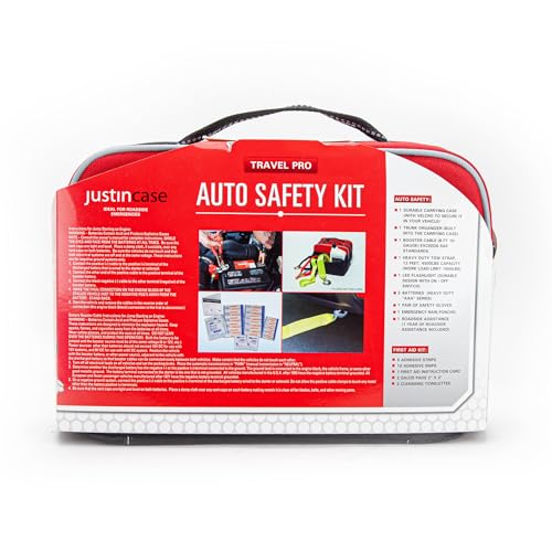 Justin Case Travel Pro Emergency Roadside Kit - Compact Car Safety Set with Jumper Cables, Tow Strap, Flashlight, Gloves, First Aid Kit & 1-Year Free Roadside Assistance