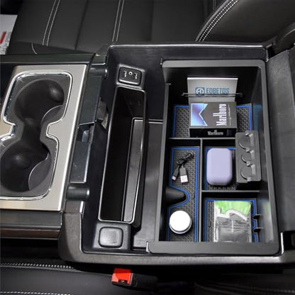 EDBETOS Center Console Organizer Tray Compatible with GMC Sierra 1500 Accessories/Silverado 1500 2014-2018 / Silverado 2500/3500 HD 15-19 /Suburban/Tahoe/Yukon 15-20 Armrest Storage Box (Blue Trim) - color: Blue