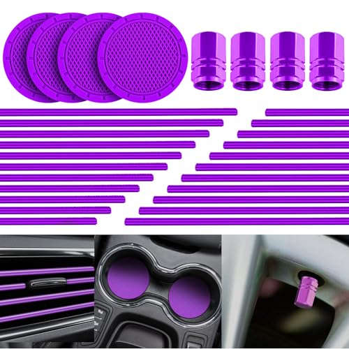 Frienda 28 Pcs Car Accessories: 20 Pcs Air Conditioner Decoration Strip, 4 Non-Slip Silicone Cup Coasters, 4 Tire Valve Caps (Purple) for Most Cars, SUVs, Trucks - color: Purple