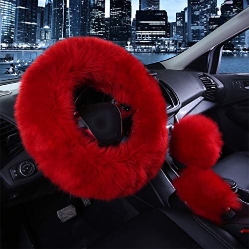 1 Set 3 Pcs Car Steering Wheel Cover & Handbrake Cover & Gear Shift Cover Set Faux Wool Warm Winter (Wine Red-3pcs) - color: Wine Red-3pcs