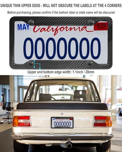Aootf Carbon Fiber License Plate Frames- 100% Real Carbon Cloth Wrapped Stainless Steel Car Tag Holder, 2 Pack Wide Edge Black Covers with Anti Theft Screws Caps, 4 Hole - style: Wide Edge-4 Hole