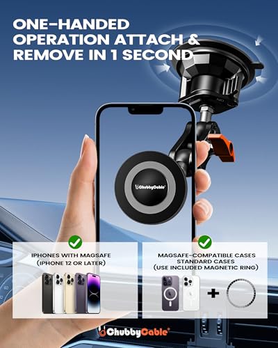 chubbycable ChubbyGrip Magnetic Car Phone Holder 360° Adjustable Car Phone Mount for Windshield, Ultra-Durable Metal Suction Cup Phone Mount for iPhone Samsung All Smartphone, Magnetic - color: ChubbyGrip Pro (Magnetic)-Orange