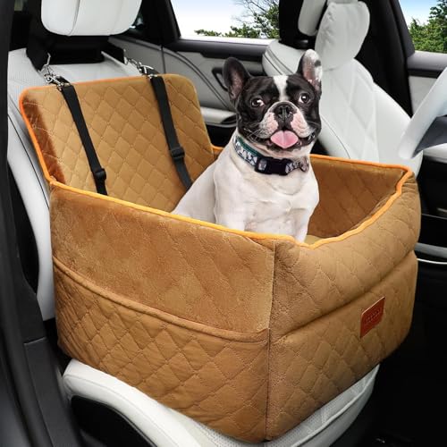 HEGGCOOE Dog Car Seat for Small Medium Dogs, Memory Foam Dog Booster Seats with Thick Cushion for Dogs Under 35lbs, Detachable Washable Pet Car Seat Travel Bed with Storage Pockets,2 Safety Belt - color: Coffee