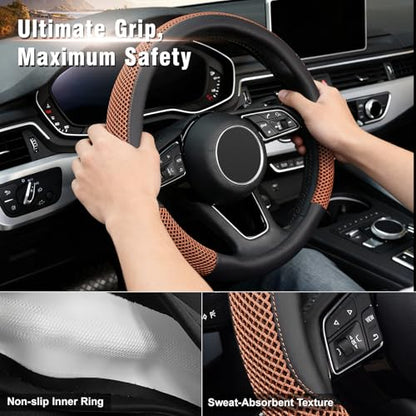 KAFEEK Steering Wheel Cover, Universal 15 inch, Microfiber Leather Viscose, Breathable, Anti-Slip,Warm in Winter and Cool in Summer, Black&Brown - color: brown, size: Standard Size[14.5"-15"]