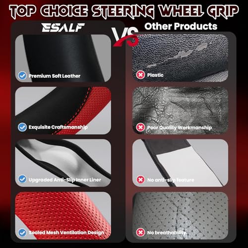 Soft Leather Steering Wheel Cover with Breathable Design and Anti-Slip Grip, Specially Designed for 14.5-15.2 inch Circular Steering Wheels - color: DOUBLE-RED