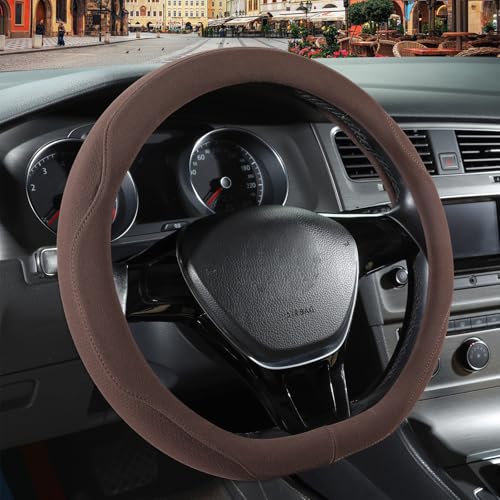 Brown Suede D Shaped Steering Wheel Cover, Breathable Non-Slip Sweat-Proof Wear-Resistant No Pilling, Warm in Winter and Cool in Summer, Universal 15 inch - color: Brown, size: D Shape-M[14.5''-15'']