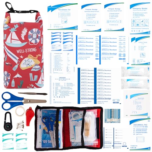 Boat First Aid Kit Waterproof, WELL-STRONG Marine Emergency Kit with Roll Top Dry Bag for Boating Fishing Kayaking – Water-Resistant Contents for Camping & Beach（Red Sea） - color: Ws011-redsea