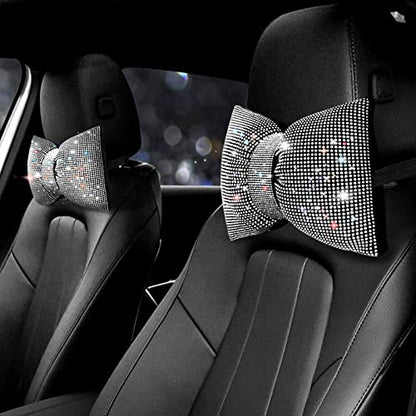 surpassme 2PCS Rhinestone Car Headrest Neck Pillow for Driving with Bling Bling Crystal Bow Pillow Car Accessories for Women (Silver/White) - color: 2 White Pillows