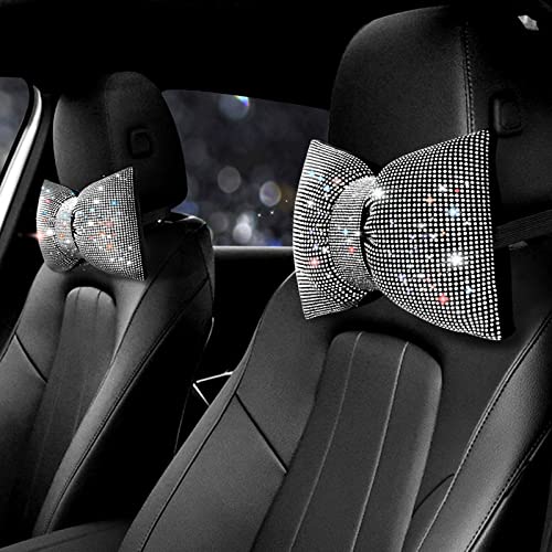 surpassme 2PCS Rhinestone Car Headrest Neck Pillow for Driving with Bling Bling Crystal Bow Pillow Car Accessories for Women (Silver/White) - color: 2 White Pillows