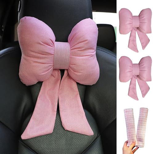 Car Seat Neck Pillow Elegant Bow Car Headrest Pillow Set - Cotton Linen Neck Cushion Universal Fit for Women Comes with 2 Seat Belt Covers (Pink Set 4Pcs) - color: Pink Set 4pcs