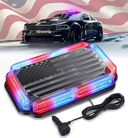 Xprite 108 LED Roof Top Strobe Light, US Flag Pattern Police Flashing Light, Emergency Hazard Warning LED Mini Strobe Lightbar w/Magnetic Base for Police Cop Firefighter EMS Vehicles Truck, Red Blue - color: Red Blue