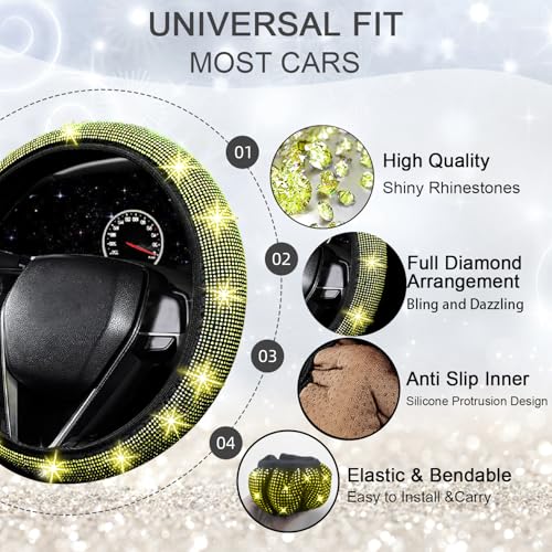 NBTEPEM 27 PCs Yellow Bling Car Accessories Set for Women, Steering Wheel Covers Universal Fit 15 Inch, Bling License Plate Frame, Bling Phone Holder, Bling Car Coasters (Yellow Diamond) - color: Yellow Diamond