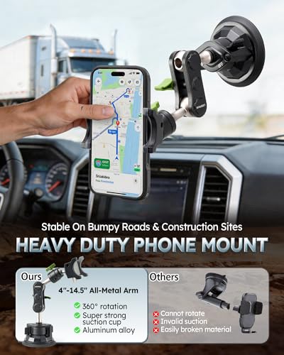 Heavy Duty Phone Mount for Truck, Suction Cup Windshield Car Phone Holder, Ultra-Durable Mteal Car PhoneHolder for F- 150 RAM Silverado Kenworth Peterbilt Freightliner, 360° Anti-Shake Car Phone Mount - style: Standard