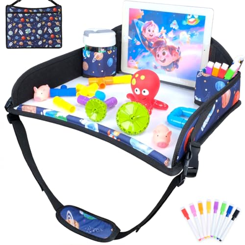 COOLBEBE Kids Travel Tray for Toddler Car Seat, Travel Tray for Airplane, Lap Tray with Storage, Portable Carseat Table Tray for Kids, Blue Space - color: Blue Space