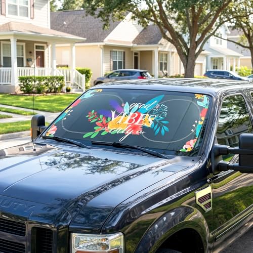 63"x28.5" Car Windshield Sun Shade with Storage Pouch, Stylish Printed Front Window Sunshade with Double Ring Frame, Universal Fit Foldable Heat Blocker & UV Protector for SUV, Sedan (Good Vibes) - color: Good Vibes