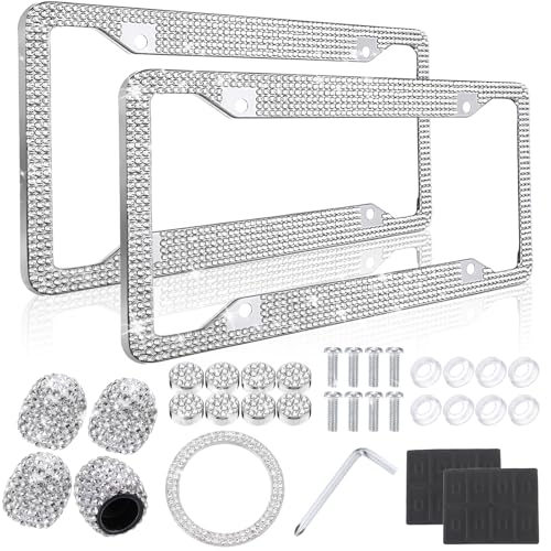 Timtin 2 Pcs Bling License Plate Frame Sparkly Rhinestone Diamond Accessories Stainless Steel Front License Plate Cover with Bling 4 Crystal Tire Valve Caps 1 Start Ring Sticker(White) - color: White