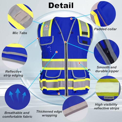 HYCOPROT Reflective Safety Vest Class 2 High Visibility Heavy Duty Construction Vest with Padded Neck,Meet ANSI/ISEA Standard - color: Blue, size: Medium