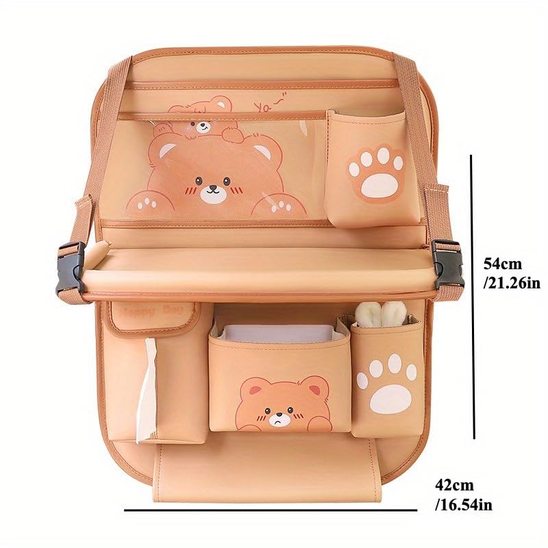 Car Organizer for Back Seat - Bear Design Storage Bag with Multi-Pockets, Kick Mat, Cup Holder, Trash Can, Table & Phone Holder | PU Leather, Waterproof, Easy Clean Car Accessories