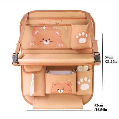 Car Organizer for Back Seat - Bear Design Storage Bag with Multi-Pockets, Kick Mat, Cup Holder, Trash Can, Table & Phone Holder | PU Leather, Waterproof, Easy Clean Car Accessories