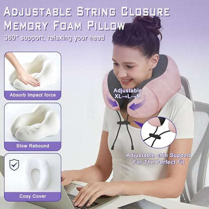 Neck Travel Pillow, Upgraded Memory Foam Pillow for Airplane, Machine Washable, Adjustable Flight Pillow, Suitable for Sleeping Airplane, Car, Office and Home (Pink) - color: Pink
