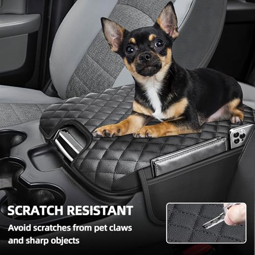 Center Console Cover Fit for 2013-2018 Dodge Ram 1500 & 2013-2024 Ram 2500/3500/1500 Classic Model for Jump Seat Console, Comfortable Armrest Pad, Middle Console Cover with 2 Side Pockets - style: A: Jump Seat Console 2013-2018 Ram Black Leather（with 2 Si