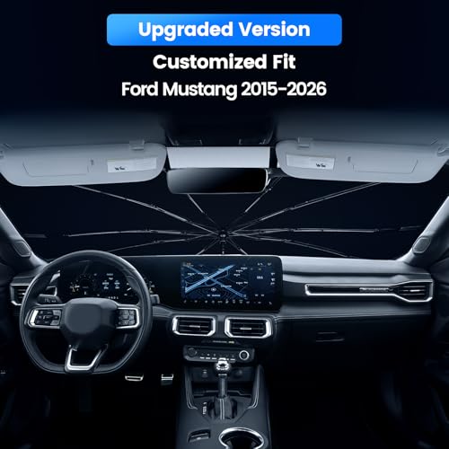 Windshield Sun Shade Umbrella Thickened for Ford Mustang 2015-2026, UV Block & Heat Insulation to Keep Interior Cool, Emergency Rain Shield Dashboard Protector, Easy to Setup & Foldable - size: For Ford Mustang 2015-2026