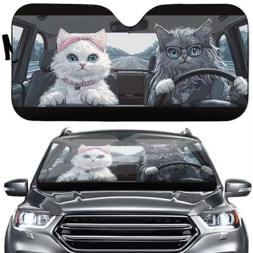 Funny Cat Driver Car Sun Shade for Front Window Windshield Blocks UV Rays，Pet Cats Windshield Sunshade, Cat Couple Universal Fit Auto Sun Visor Protector Keep Your Vehicle Interior Cool - color: car windshield shades 2