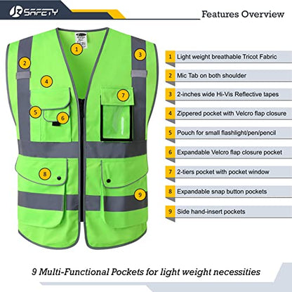 JKSafety 9 Pockets Class 2 High Visibility Zipper Front Safety Vest With Reflective Strips, Meets ANSI/ISEA Standards (Medium, 150-Green) - color: Green, size: Medium