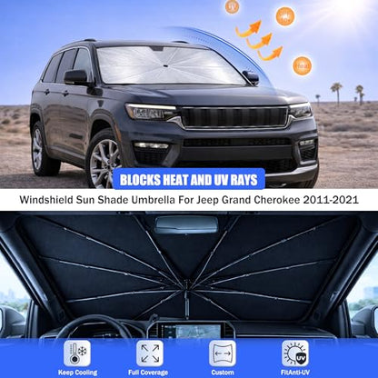 2026 Upgraded Car Windshield Sun Shade Umbrella - Custom-Fit for Jeep Grand Cherokee 2011-2021 Umbrella Sunshade,Easy Install,UV Protection & Heat Reflective,Keep Interior Cooler - size: For Jeep Grand Cherokee 2011-2021