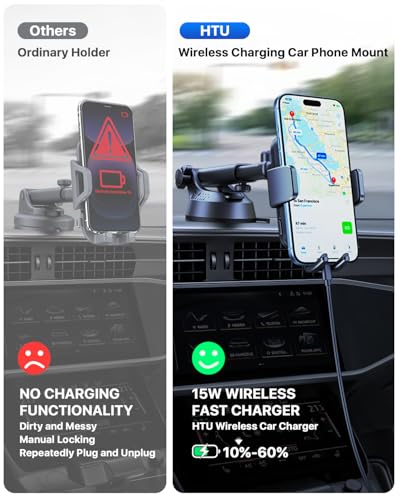 Wireless Car Charger with Phone Holder Mount, 15W Fast Charging Auto Clamping Phone Holders for You Car Windshield Dashboard Air Vent Accessories for iPhone, Samsung Galaxy (Black)