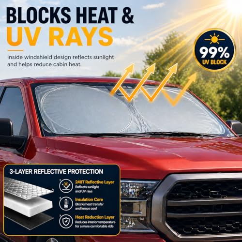 Ford F150 Windshield Sun Shade, Custom Fit Foldable Front Window Sunshade Visor, Blocks UV Rays and Heat, Keeps Interior Cooler, Fits 1990–2025 Models - size: for Ford F150 F250 F350 2015-present