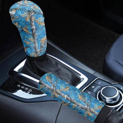 KEIAHUAN Car Gear Shift and Handbrake Cover Breathable Anti-Scratch Car Shifter Gear Hand Brake Cover Automotive Accessories for Men 2PCS, Blue Branch Camo Hunting - color: Blue Branch Camo Hunting Design