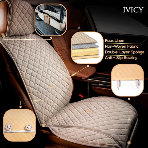 IVICY Faux Linen Front Car Seat Cover – Durable, Non-Slip Seat Protector for Cars – 1 Unit, Light Beige - color: BEIGE HYB LN