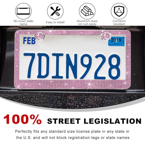 DXNQ Bling License Plate Frame, Sparkly Rhinestone Diamond License Plate Cover with Crystal Screws Caps, Glitter Crystal Stainless Steel License Plate Holder for Women, Car Accessories (Light Pink) - color: Light Pink