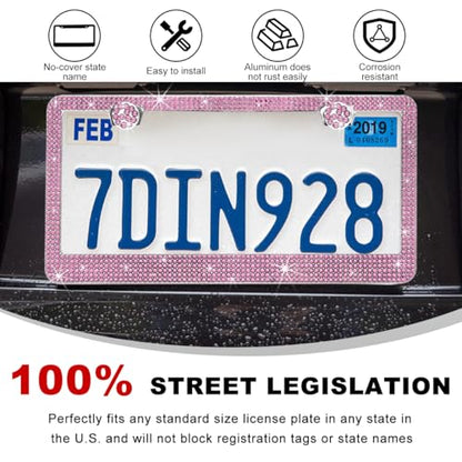 DXNQ 2PCS Bling License Plate Frame, Sparkly Rhinestone Diamond License Plate Cover with Crystal Screws Caps, Glitter Crystal Stainless Steel License Plate Holder for Women (Light Pink) - color: Light Pink, 2PCS