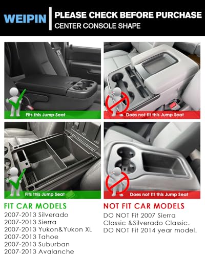 for Center Console Armrest Organizer Tray ABS Materials Compatible with 2007–2013 Chevrolet Silverado/Sierra/Yukon&Yukon XL/Tahoe/Suburban/Avalanche–Jump Seats - color: Silverado/Sierra/Yukon/Tahoe/Suburban 07-13