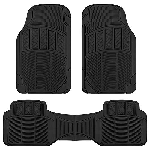 BDK 3-Piece Universal Front & Rear Rubber Floor Mats, Heavy Duty Universal Fit Liners for Cars SUVs Trucks Vans, All Weather Protection Anti-Slip Nibs, Flexible Contours Fits Most Vehicles - Black