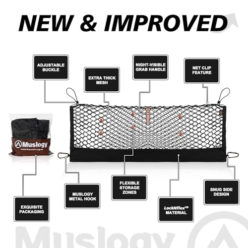Muslogy Truck Bed Cargo Net Trunk Netting Compatible with 2021-2025 2026 Jeep Grand Cherokee L (3-Row GCL) Accessories, Pickup Cargo Organizer SUV Sedan Storage Net w/Heavy Duty Carabiners - style: 2021+ Grand Cherokee L (3-Row)