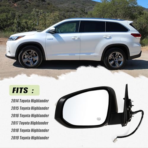 Left Driver side Mirror Fits 2014-2019 Toyota Highlander With Power Glass, Heated,Turn Signal and Manual Folding,Without Blind Spot Match White Replace 87940-0E130(6Pins) - color: White, size: 6Pins-Left
