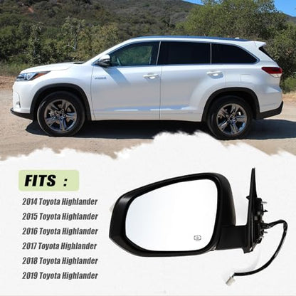 Left Driver side Mirror Fits 2014-2019 Toyota Highlander With Power Glass, Heated,Turn Signal and Manual Folding,Without Blind Spot Match White Replace 87940-0E130(6Pins) - color: White, size: 6Pins-Left