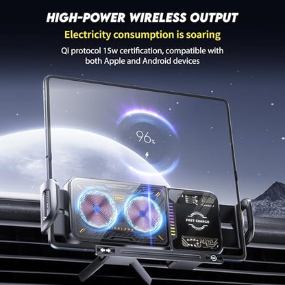 15W Fast Wireless Car Charger Mount, MagSafe Compatible Auto-Clamping & Auto 90° Rotating Phone Holder with Built-in Battery, One-Touch Control, RGB LED Light, Dashboard & Vent Mount