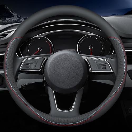 Carodi Latest Nappa Leather car Steering Wheel Cover, Stylish Non-Slip Leather car Interior 15 inches Universal（Black） - color: Black (red and blue lines)