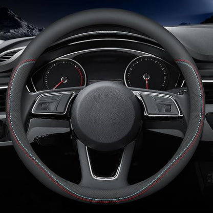 Carodi Latest Nappa Leather car Steering Wheel Cover, Stylish Non-Slip Leather car Interior 15 inches Universal（Black） - color: Black (red and blue lines)