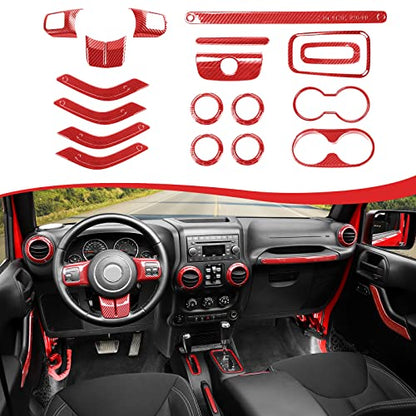 CheroCar 18PCS Interior Trim Kit for Jeep Wrangler JK JKU 2011-2018 4 Door,Steering Button Frame, Air Conditioning Vent Trim Cup Holder Cover,Gear Shift Knobs Frame,Red Carbon Fiber… - color: Red Carbon Fiber