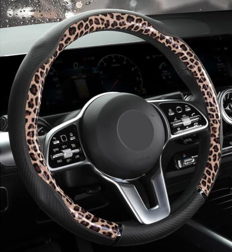 Peach Wood Grain Steering Wheel Cover Anti-Slip Breathable Durable Leather Four Seasons Universal 15 Inch Car Wrap Cover (Leopard-Coffee) - color: Leopard-Coffee