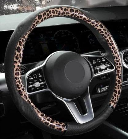 Peach Wood Grain Steering Wheel Cover Anti-Slip Breathable Durable Leather Four Seasons Universal 15 Inch Car Wrap Cover (Leopard-Coffee) - color: Leopard-Coffee