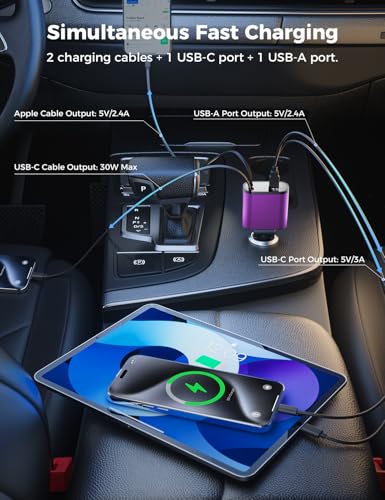 SUPERONE 【Upgraded】 Retractable Car Charger 4 in 1, Fast Car Phone Charger with Cord 2.6ft, USB C and Apple Car Charger Adapter, Compatible with iPhone 17/16/15/15 Pro Max/14/13/12/11, Galaxy, Pixel - color: Purple