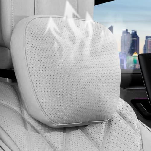 Car Headrest Pillow Nappa Leather Cover Car Neck Pillows Support Head Driving Seat Headrest for Most Cars SUV Home Office Traveling with Refill Cotton Grey 1PC - color: Grey-with Refill Cotton, size: headrest-1PC