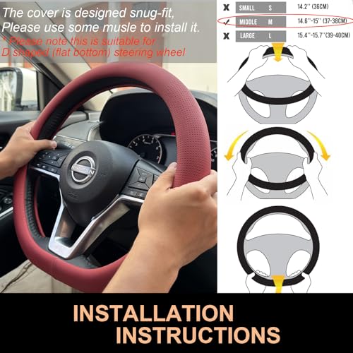 PINCTROT D Shaped Nappa Leather Steering Wheel Cover, Slim Fit No Bulk Design, One Piece Leather with Breathable Perforation, Fit Like Gloves, Flat Bottom 14.5-15 Inch(Nappa Rust Red) - color: 02.Rust Red, size: D Shaped/Flat Bottom[14 1/2''-15'']