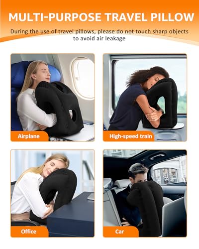 Sunany Travel Pillow, Inflatable Neck Pillow Used for Airplanes/Cars/Buses/Trains/Office Napping with Eye Mask/Earplugs (Balck) - color: Black